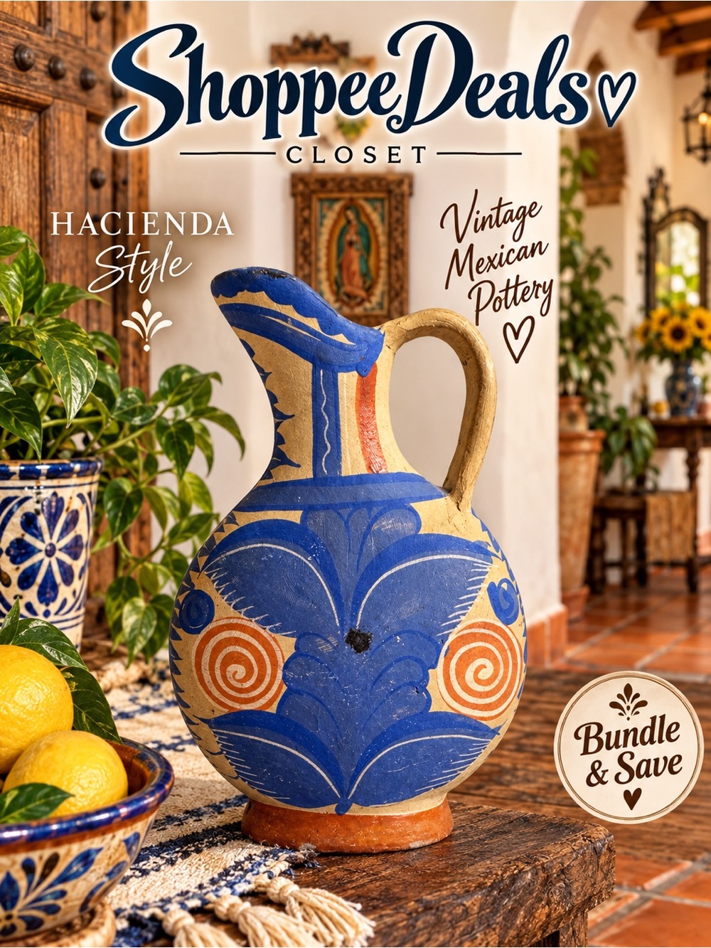 Vintage Mexican Tonalá Style Hand Painted Clay Pottery Pitcher Blue Folk Art 8”